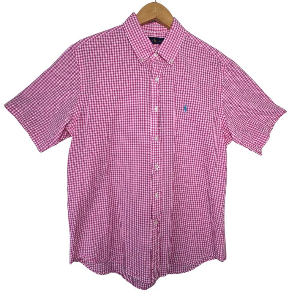 Ralph Lauren Mens Pink Cotton Gingham Seersucker Button Down Shirt Size L Pony